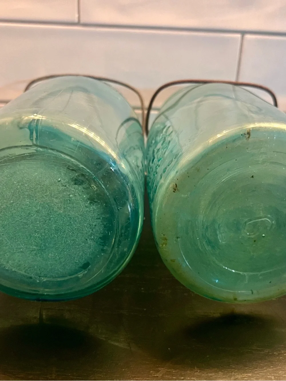 Vintage Climax Embossed Aqua Glass Storage Jars - Set of 2
